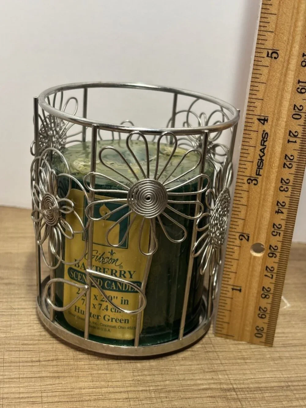Gibson Bayberry Scented Candle Hunter Green With Silver Floral Candle Holder USA